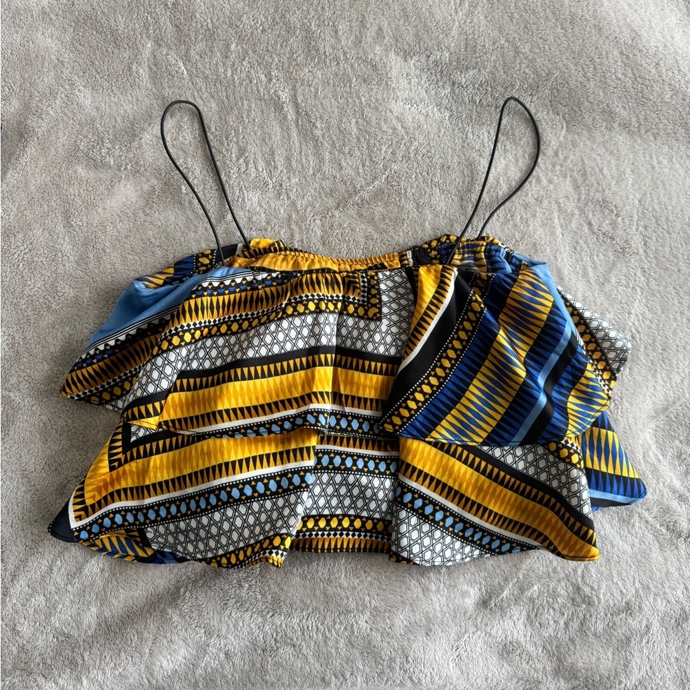 Pretty Little Thing Blue and Yellow Satin Tribal Print Two-Piece Set/Coord Set - Picture 6 of 9